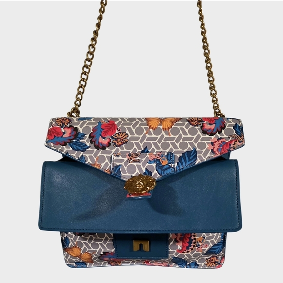 Anne Klein Diana Double Flap Azure Floral Butterfly Chain Shoulder Bag - Picture 3 of 4